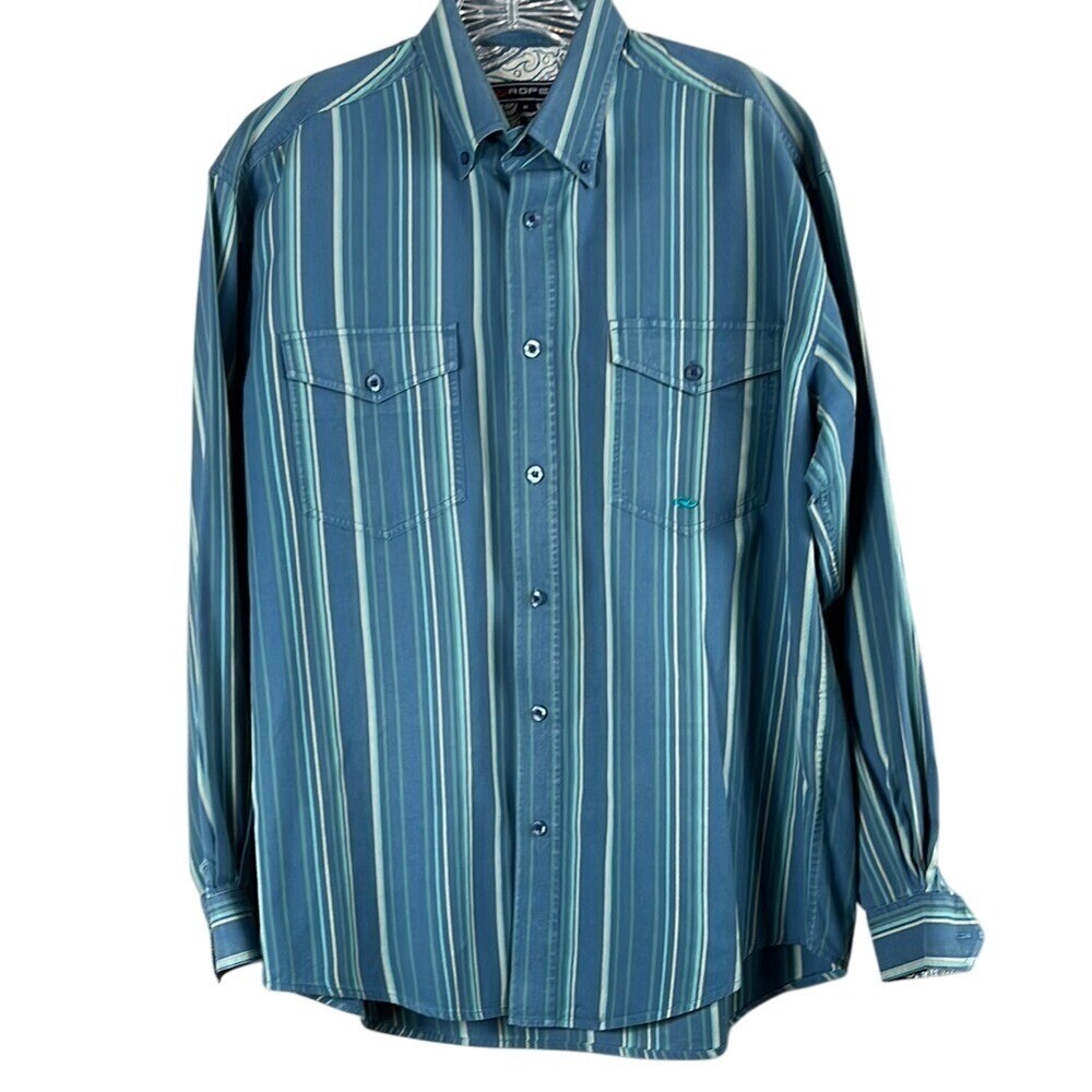 Roper Western Long‎ Sleeve Button Up Shirt Mens Size Medium Green Blue Stripes
